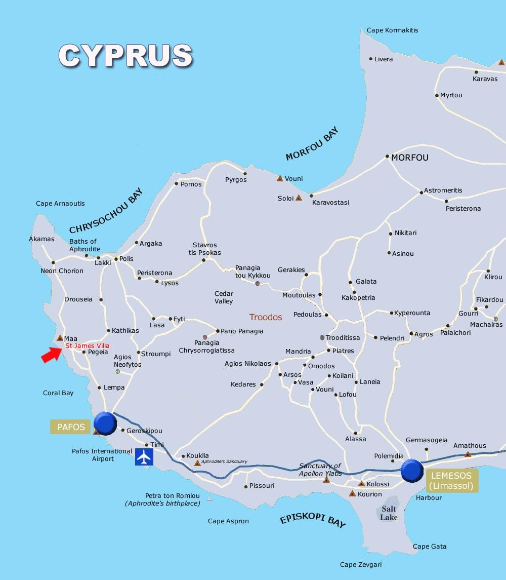 Kort af kóralnum bay Kýpur